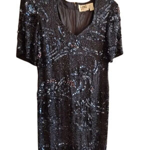 Niteline Cocktail Dress Sequins 100% Silk Brownish Blue Size 14 (Mis092)